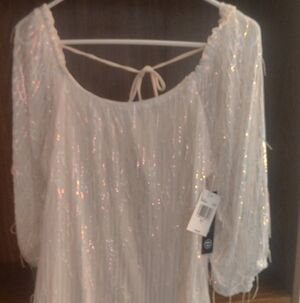 New LG Iridescent White Fringe Dress